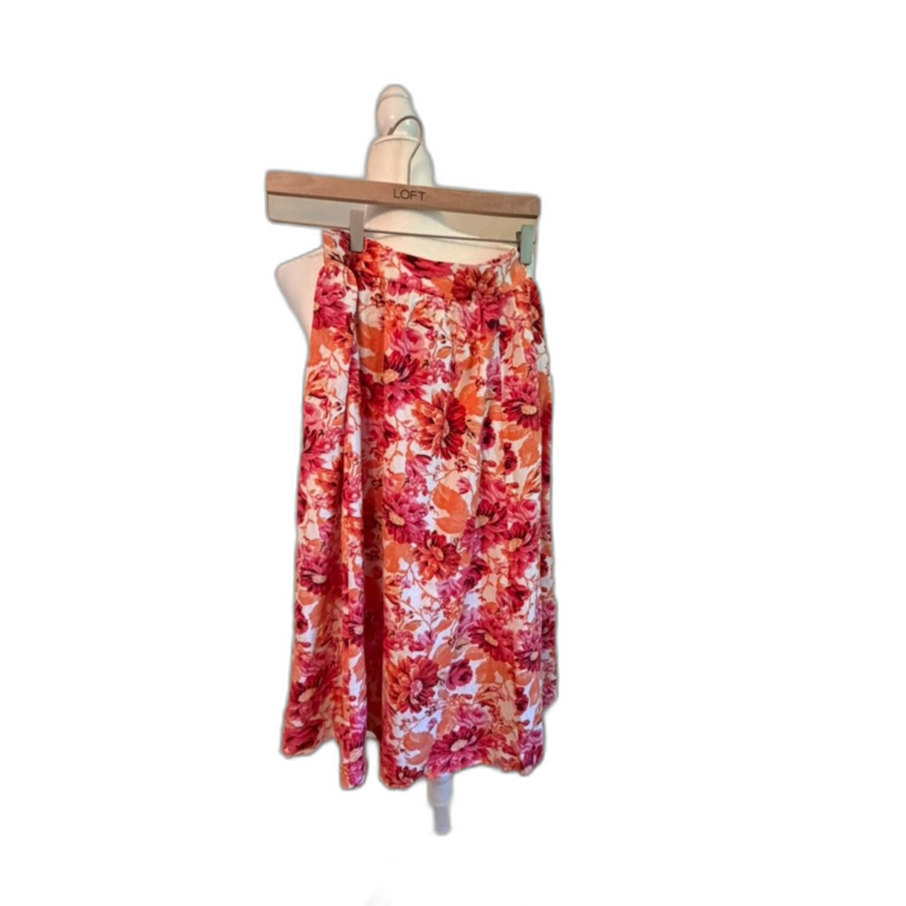 Japna Floral Midi Skirt Size Small Pink Orange A-Line Elastic Waist Pockets